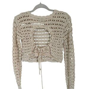 Free People Beach Crop Top Crochet Knit Open Back & Adjustable Tie Beige Long Sl
